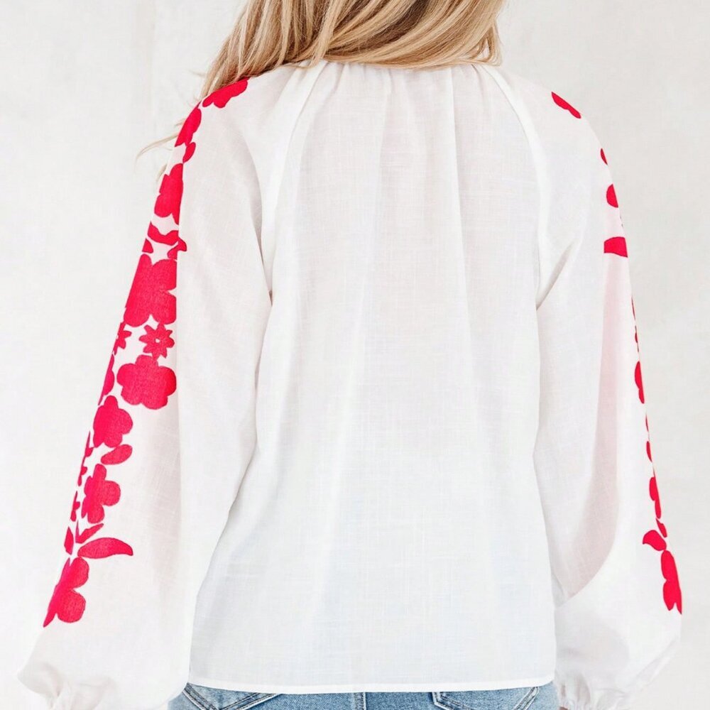 White Casual Women's Floral Embroidery Puff Sleeve Button-Up Shirt - Picture 2 of 8